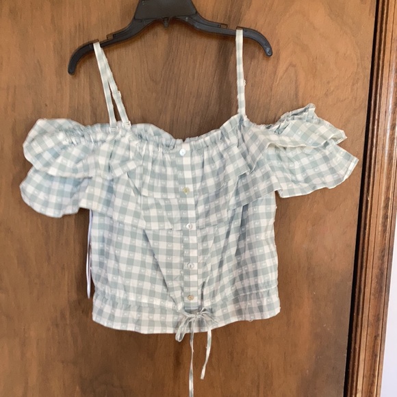 LC Lauren Conrad off the shoulder textured check w ruffle top - Picture 4 of 17